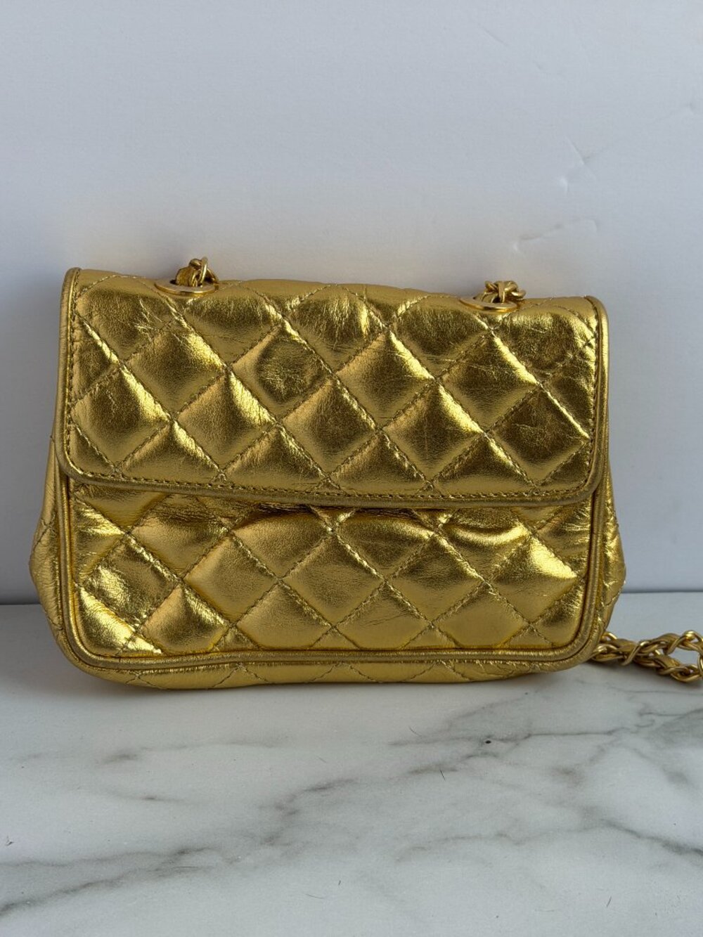 Vintage Metallic Gold Quilted Leather Mini Flap Crossbody Bag
